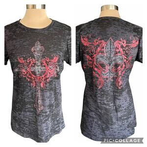 Rustic Rebellion Y2K Black Burnout Tee Foil Graphics Cross  Fleur-De-Lis Sz XL